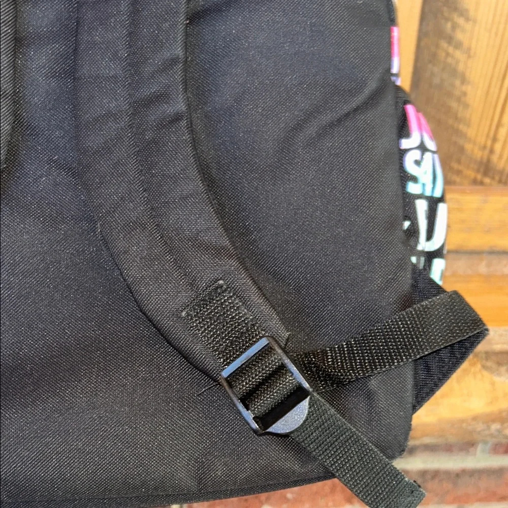 Justice Girls Multicolor Graphic Colorful Glitter and Black Text Backpack